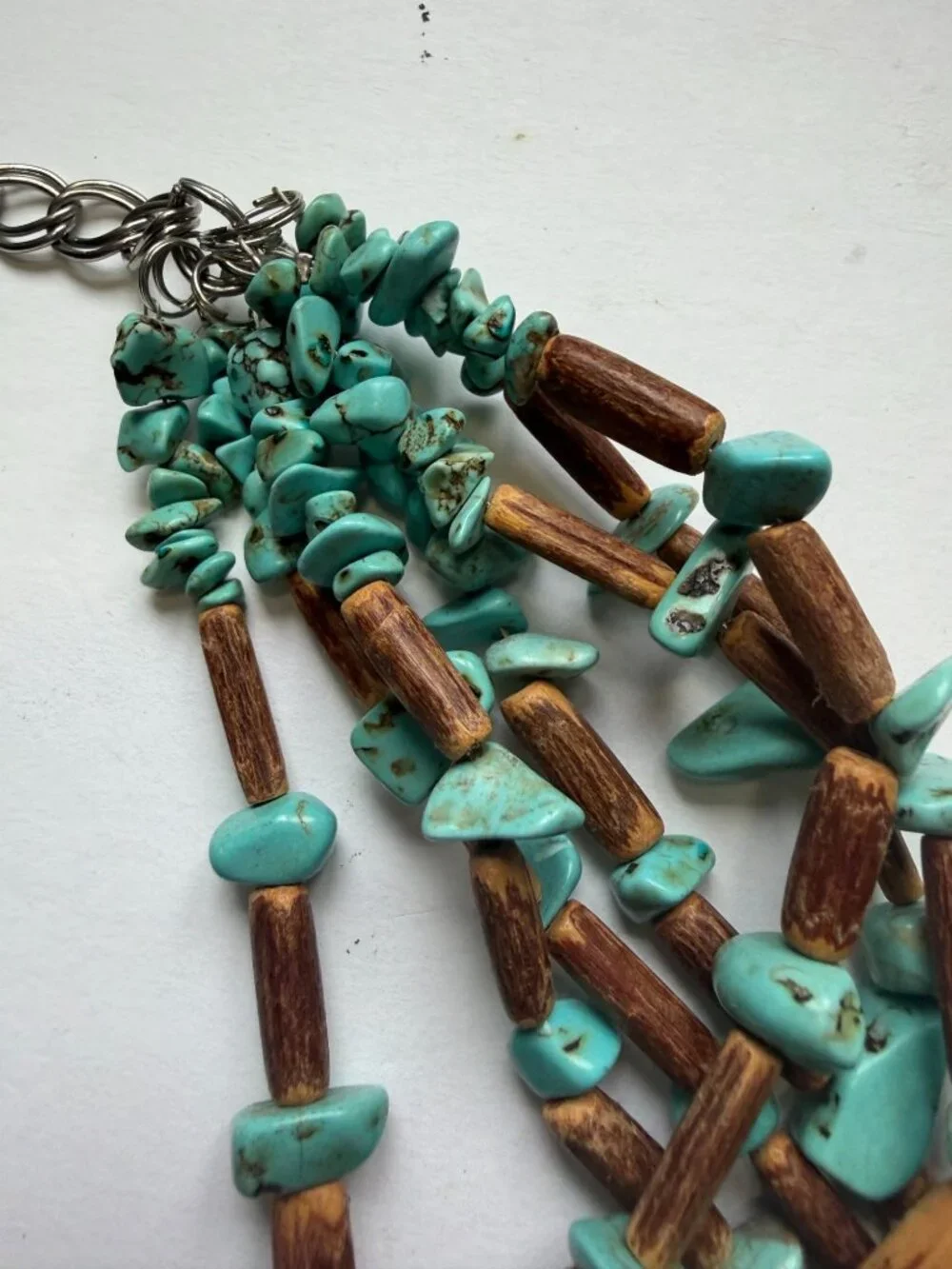 Genuine Turquoise Nuggets Wood Beads 7-Strand Necklace Southwestern Style 22" L - Picture 4 of 5